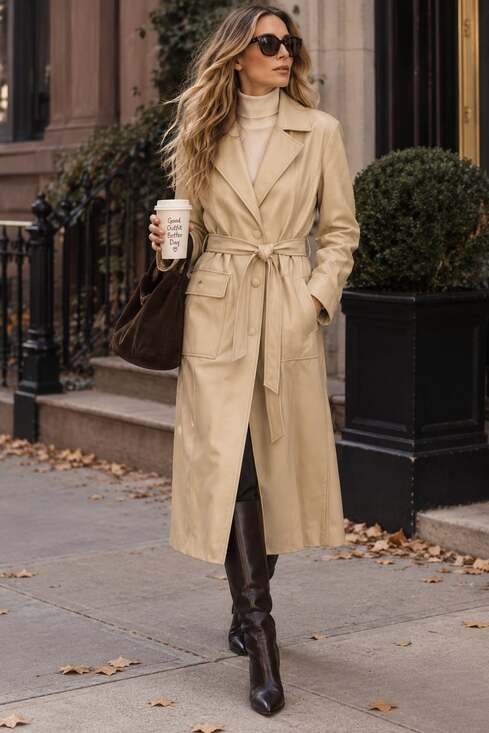 AVEC LES FILLES Jackets & Blazers - Avec Les Filles XL Cream Faux Leather Trench Coat Belted Jacket Quiet Luxury